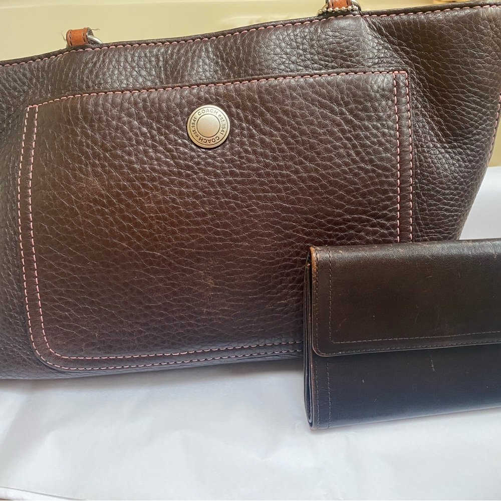 Vintage Coach Tan/Brown Leather Tote and Monsac Brown Wallet Set